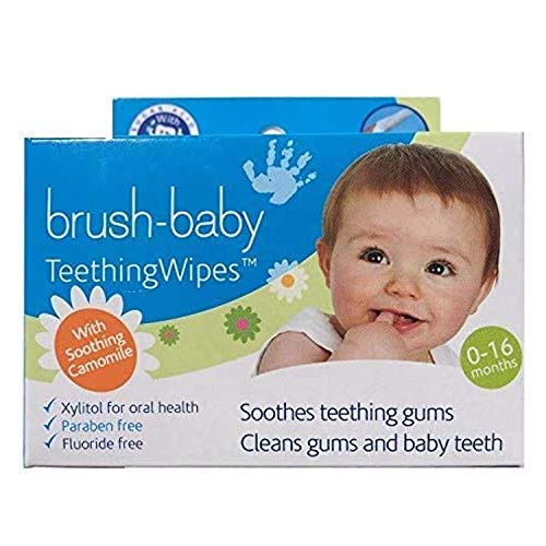 Toallitas de dentición Brush-Baby para bebés | Nacimiento - Primeros dientes | 0 - 16 meses | Toallitas para limpiar la boca, encías y lengua del bebé, con camomila | Pack de 20 toallitas individuales
