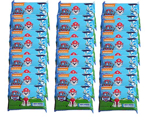 Toallitas húmedas infantiles de la Patrulla Canina. Caja 10 packs x 30 uds en packs individuales de 10 uds: 300 toallitas. Cómodo tamaño pocket para llevar en bolsillo, viajes, mochila o bolso.