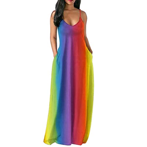 TOFOTL - Vestido largo clásico, sencillo, estampado de arcoíris, con correas en V, sin mangas, boho, fiesta, vacaciones, vestido grande multicolor XL