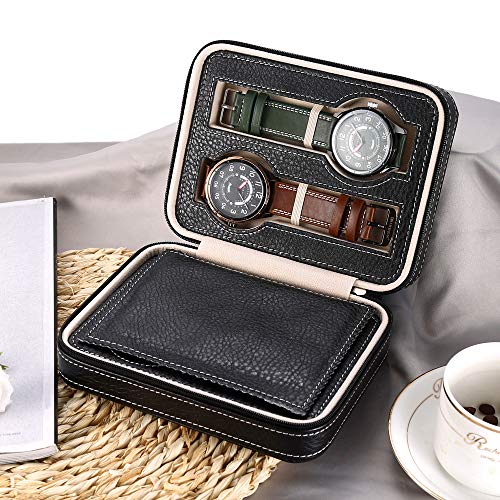TOOGOO Caja De Relojes con Cremallera Negra Estuche De Viaje – Colección Organizador De Reloj - Cuero De La PU (Negro-4 Ranuras)