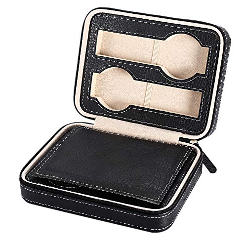 TOOGOO Caja De Relojes con Cremallera Negra Estuche De Viaje – Colección Organizador De Reloj - Cuero De La PU (Negro-4 Ranuras)