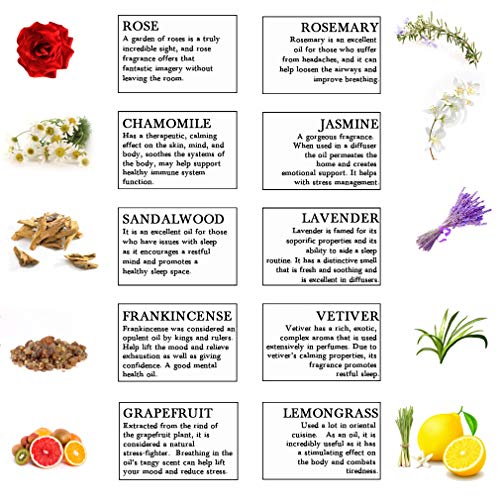 Top 10 Essential Oils Set, 100% Pure Natural Aromatherapy Essential Oil Gift Set(Jasmine, Vetiver,Chamomile, Sandalwood, Frankincense, Rose, Lavender, Rosemary, Lemongrass, Grapefruit)