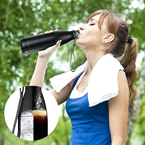 TOPLUS Botella de Agua Acero Inoxidable 304 Termo - 500ml, Termo Sin BPA Ecológica Reutilizable, Botella Termica con Pajita y Filtro para Niños & Adultos, Deporte(Black)