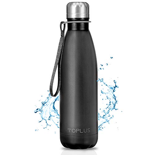 TOPLUS Botella de Agua Acero Inoxidable 304 Termo - 500ml, Termo Sin BPA Ecológica Reutilizable, Botella Termica con Pajita y Filtro para Niños & Adultos, Deporte(Black)