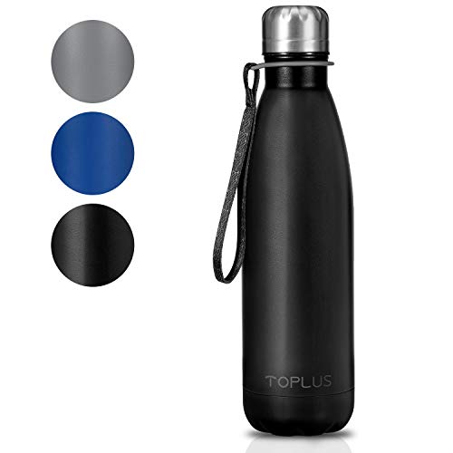 TOPLUS Botella de Agua Acero Inoxidable 304 Termo - 500ml, Termo Sin BPA Ecológica Reutilizable, Botella Termica con Pajita y Filtro para Niños & Adultos, Deporte(Black)