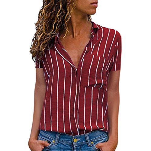 Tops para mujer, MOMOXI Camiseta de manga larga casual color block a rayas con botones Camisetas Blusa Camisas Mujer Manga Larga Sexy Vintage Impresión Blusas para Mujer Elegantes con Encaje Camisetas