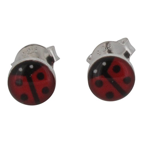 Touch Jewellery - Pendientes de plata de ley 925 con diseño de mariquita hecha con resina, y cierre a presión (mariposa)