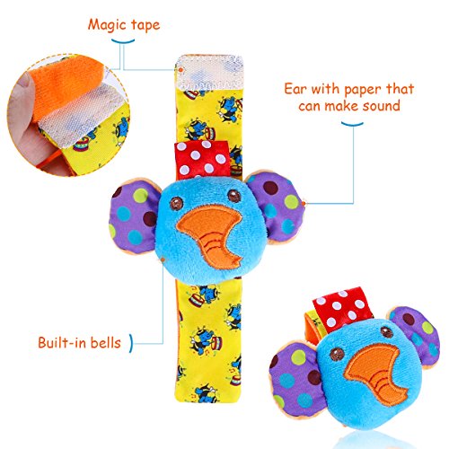 Toyvian Muñecas de Animales sonajeros Manos Buscadores de pies Juguetes de Desarrollo para bebés bebés 2 Pares (Mono y Elefante)