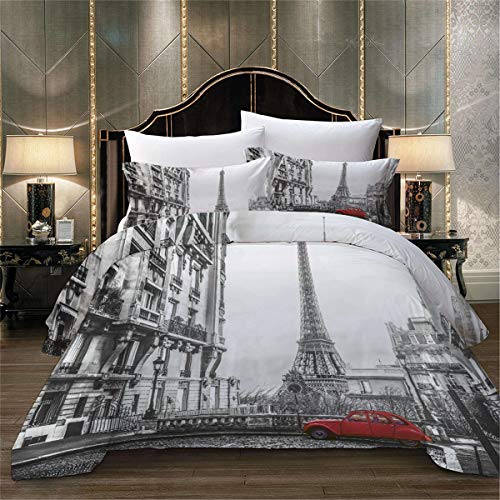 Treer Juego de Ropa de Cama 3 Piezas, Microfibra 3D Moderno Ciudad Juego de Fundas de Edredón Incluye 1 Funda Nórdica y 2 Funda de Almohada (220x240cm,París)