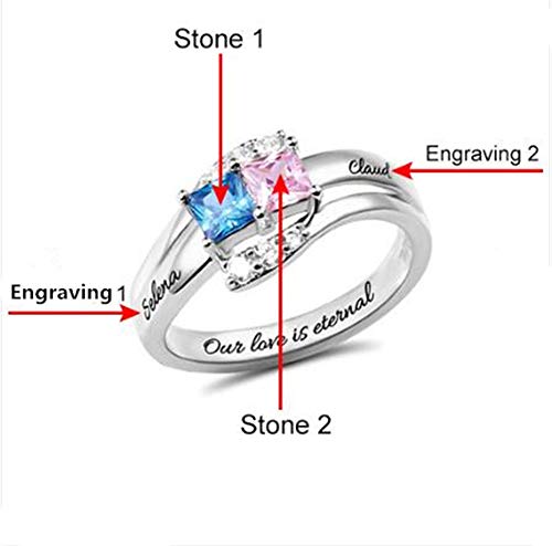 TWinkle Anillo con Nombre Grabado Personalizados con 2 Nombres y 2 Piedras natales de Forma Cuadrada Anillo de Compromiso(Oro-23.5)