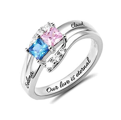 TWinkle Anillo con Nombre Grabado Personalizados con 2 Nombres y 2 Piedras natales de Forma Cuadrada Anillo de Compromiso(Oro-23.5)