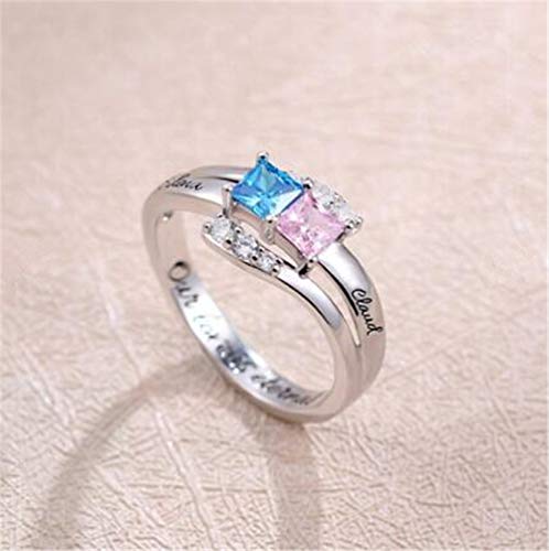 TWinkle Anillo con Nombre Grabado Personalizados con 2 Nombres y 2 Piedras natales de Forma Cuadrada Anillo de Compromiso(Oro-23.5)