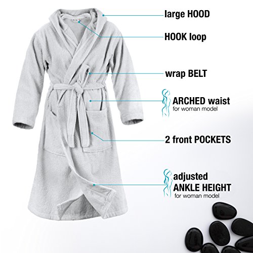 Twinzen Bata Baño con Capucha, Albornoz 100% Algodón para Mujer (L, Gris Estaño), 2 Bolsillos, Cinturón Certificado Oeko Tex - Bata de Baño - Albornoz Suave, Absorbente y Cómodo