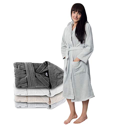 Twinzen Bata Baño con Capucha, Albornoz 100% Algodón para Mujer (L, Gris Estaño), 2 Bolsillos, Cinturón Certificado Oeko Tex - Bata de Baño - Albornoz Suave, Absorbente y Cómodo