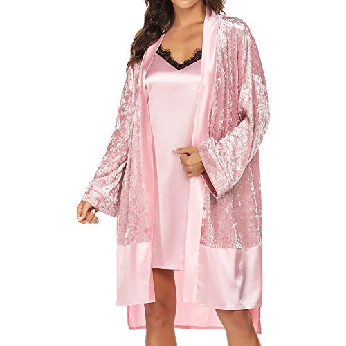 U/A Home camisón de encaje de color puro con costuras en contraste Rosa rosa XL