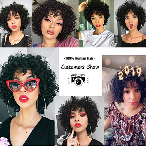 UDU Pelucas cortas de cabello humano rizado para mujeres negras, peluca delantera brasileña Bob None Lace con flequillo (rizado profundo)