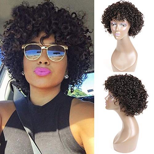 UDU Pelucas cortas de cabello humano rizado para mujeres negras, peluca delantera brasileña Bob None Lace con flequillo (rizado profundo)