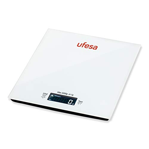 Ufesa BC1100 - Báscula de cocina digital, hasta 5kg, Función especial para pesar leche, agua y tazas, Cristal templado