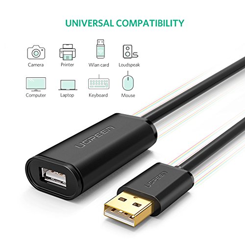 UGREEN Cable Alargador USB, Cable Extensión USB 2,0 Activo Macho a Hembra para Juegos de Consola, cámaras Digitales, Webcam, cámara Web, Impresoras y ratón, 5 Metros