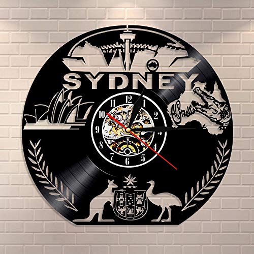 UIOLK Australia Reloj de Pared Sydney Cityscape Emblem Mural Sydney Skyline Reloj de Pared con Registro de Vinilo Sydney Opera House Reloj Vintage