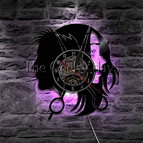 UIOLK Barber Shop Barber Shop Logo Tijeras Silueta Vinilo Reloj de Pared con iluminación LED Elegante lámpara de Pared para el Cabello