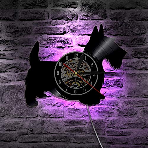 UIOLK Scottie Perro Disco de Vinilo Reloj de Pared Animal lámpara de Pared lámpara LED Mural Retro Artista decoración del hogar Regalo de Amante de los Perros