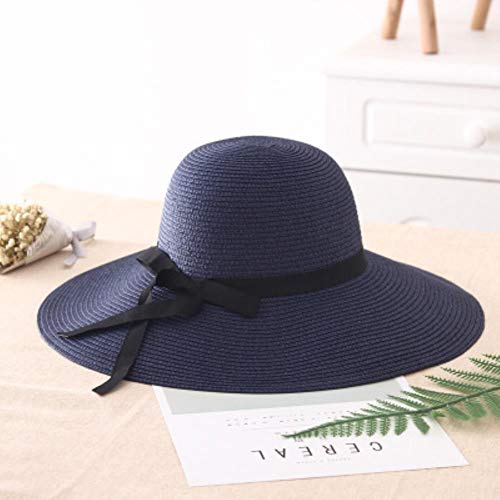 UKKD Strohhut Einfach Faltbare Wide Brim Floppy Mädchen Strohhut Sonnenhut Strand-Frauen-Sommer-Hut UV Protect Travel Cap Lady,Blau,55-58Cm
