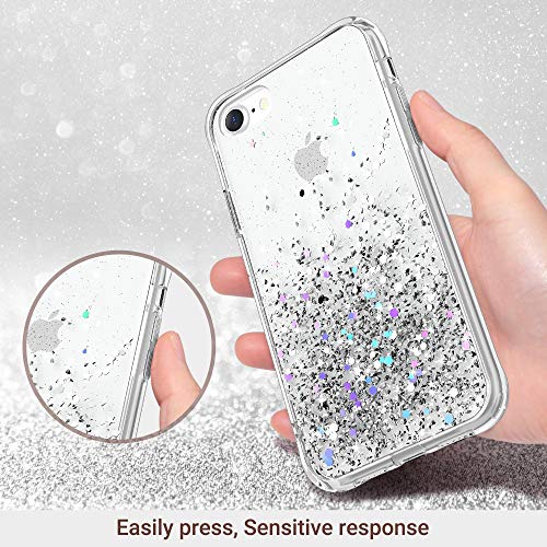 ULAK Funda iPhone SE 2020, Carcasa iPhone 7/8 Glitter Transparente Caso Brillante Bumper Suave Brillo Cuerpo Completo Cubierta Protectora para Apple iPhone 7/8/SE 2020 4,7 Pulgada - Plata Brillante