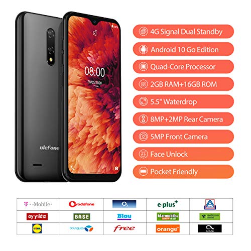 Ulefone Teléfono Móvil 2020, Note 8P Android 10 Smartphone Libre 16GB ROM (128GB SD), Pantalla 5.5" Water-Drop Screen Movil, 8MP 5MP, 2700mAh Batería, 3-Card Slot, GPS/WiFi/Hotspot-[Europea,Negro]
