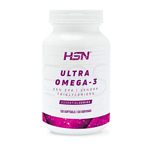 Ultra Omega 3 de HSN | Aceite de Pescado (Fish Oil) + Vitamina E | Altamente Concentrado, Ácidos Grasos Esenciales 35% EPA + 25% DHA | Antiinflamatorio Natural | Sin Gluten, Sin Lactosa, 120 Perlas