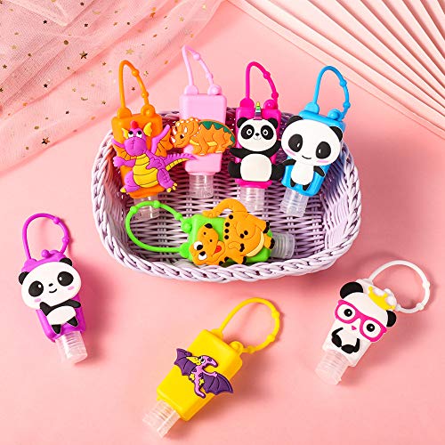 umorismo - Juego de 8 botellas de viaje vacías portátiles con dinosaurio Panda a prueba de fugas de viaje recargables con funda de silicona y portador de llavero ajustable, 30 ml, color aleatorio