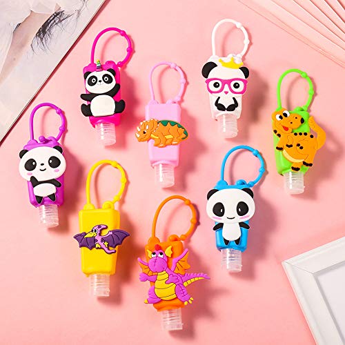 umorismo - Juego de 8 botellas de viaje vacías portátiles con dinosaurio Panda a prueba de fugas de viaje recargables con funda de silicona y portador de llavero ajustable, 30 ml, color aleatorio