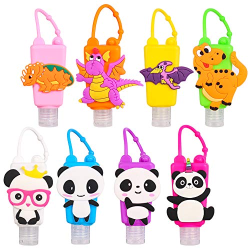 umorismo - Juego de 8 botellas de viaje vacías portátiles con dinosaurio Panda a prueba de fugas de viaje recargables con funda de silicona y portador de llavero ajustable, 30 ml, color aleatorio