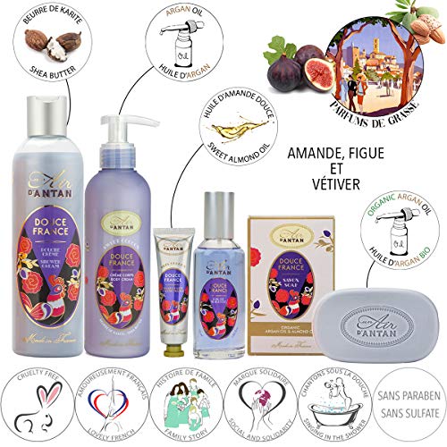Un Air d'Antan® DOUCE Set de Productos de Belleza, Contiene 5 Productos: 1 Gel de Ducha 250ml, 1 Crema de Manos 25ml, 1 Jabón 100g, 1 Loción Corporal 200ml, 1 Eau de Toilette 55ml - Aroma de Almendra