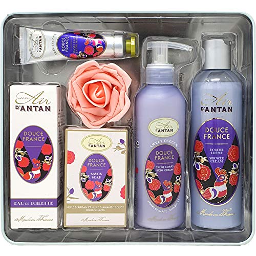 Un Air d'Antan® DOUCE Set de Productos de Belleza, Contiene 5 Productos: 1 Gel de Ducha 250ml, 1 Crema de Manos 25ml, 1 Jabón 100g, 1 Loción Corporal 200ml, 1 Eau de Toilette 55ml - Aroma de Almendra