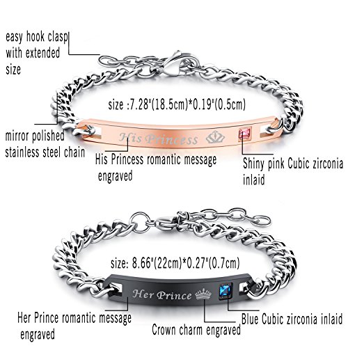 'Un par (2pcs) Hombre Mujer Pulsera, Acero inoxidable "His Princess" "Her tanque Prince Charms Brazalete de, Querido Partner pulseras, negro plata Rose Gold