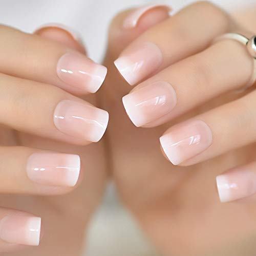 Uñas postizas EchiQ, color rosa, manicura francesa, cuadradas, de gel UV, para mujer, con cobertura completa, para usar en las uñas