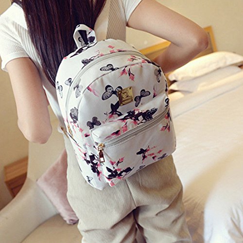 Unisex Mujer Niña Piel Sintética Mariposa Frasco de Perfume Floral Mochila Rucksack Escuela Guardería Bolso Bandolera - Blanco