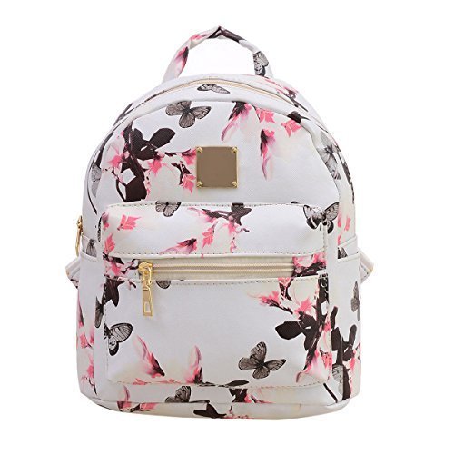Unisex Mujer Niña Piel Sintética Mariposa Frasco de Perfume Floral Mochila Rucksack Escuela Guardería Bolso Bandolera - Blanco