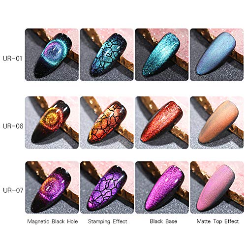 UR SUGAR 7,5ml Cat Eye Gel Nail Polish 9D Magic Aura Phantom Magnetic Chameleon Gel, 3 Colors Kit+Black Base Coat, Top Coat and Base Coat, Free Magnetic Board