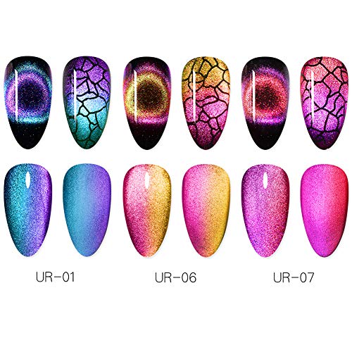 UR SUGAR 7,5ml Cat Eye Gel Nail Polish 9D Magic Aura Phantom Magnetic Chameleon Gel, 3 Colors Kit+Black Base Coat, Top Coat and Base Coat, Free Magnetic Board