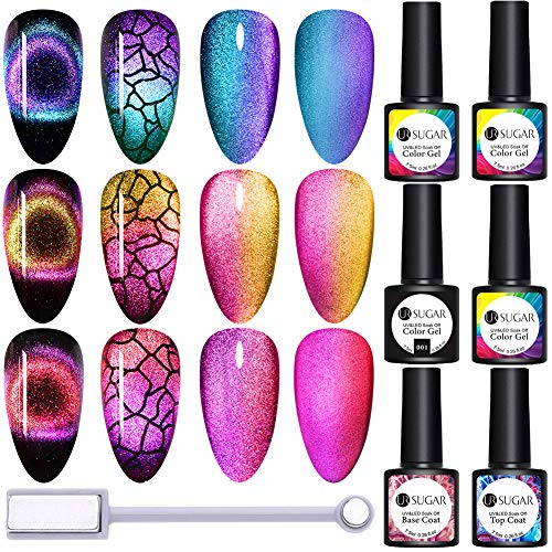 UR SUGAR 7,5ml Cat Eye Gel Nail Polish 9D Magic Aura Phantom Magnetic Chameleon Gel, 3 Colors Kit+Black Base Coat, Top Coat and Base Coat, Free Magnetic Board