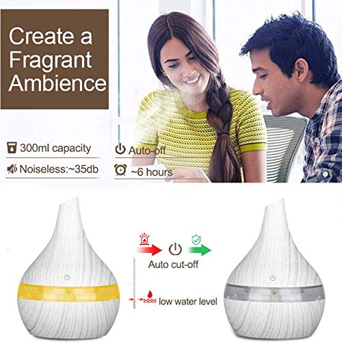 USB Blanca de Madera del Grano de Aire humidificador aromaterapia 7 Luces del Color del Aceite Esencial eléctrica difusor del Aroma del Fabricante de Vapor frío, White (Color : Yellow)