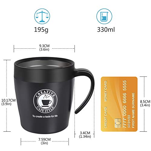 Vabaso 330ml Termo de café para llevar con cucharita de cafe y tapa, Acero inoxidable de doble pared, Taza de café térmica para té, bebidas frías y calientes, negro
