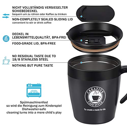 Vabaso 330ml Termo de café para llevar con cucharita de cafe y tapa, Acero inoxidable de doble pared, Taza de café térmica para té, bebidas frías y calientes, negro