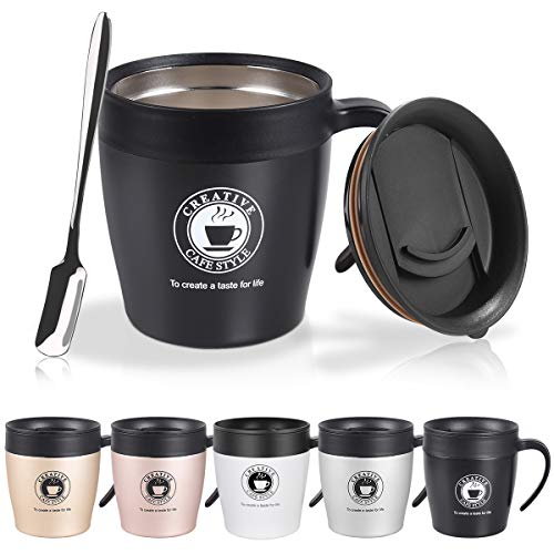 Vabaso 330ml Termo de café para llevar con cucharita de cafe y tapa, Acero inoxidable de doble pared, Taza de café térmica para té, bebidas frías y calientes, negro