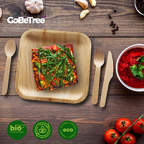 Vajilla desechable de 100 Piezas, 25 Platos de Hoja de Palma Cuadrados de 20 cm, Juego de Cubiertos de Madera Abedul de 25 cucharas, 25 Tenedores y 25 Cuchillos, Rustica, elegante y biodegradable