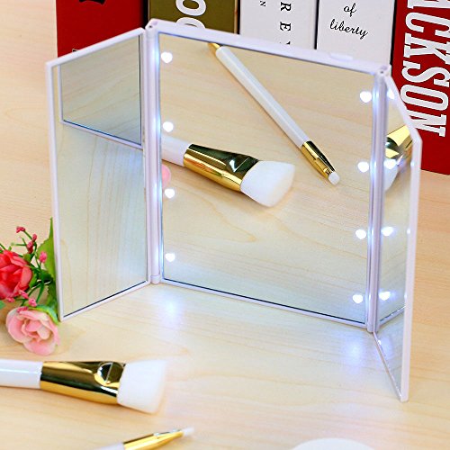 VANKER LED Plegable Espejo,Espejo Maquillaje con 8 Leds Espejo de Viajes 3 página,Portatil Foldable Espejo Cosmético para Maquillaje de Bolso con Luce - Blanco