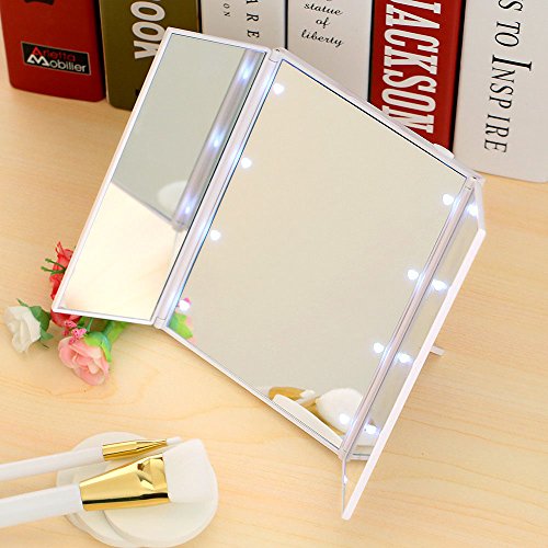 VANKER LED Plegable Espejo,Espejo Maquillaje con 8 Leds Espejo de Viajes 3 página,Portatil Foldable Espejo Cosmético para Maquillaje de Bolso con Luce - Blanco