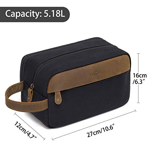 VASCHY Bolsa de Aseo, Bolso de Tocador Hombre Neceseres para Maquillaje Cuero Lona Bolsa de Cosméticos Impermeable Bolsa de Lavado Viaje con Múltiples Bolsillos Negro